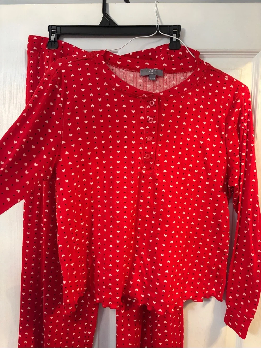 LOFT Red Heart-Print 2-Piece Henley Pointelle Pajama Set